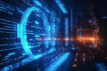 Obraz premium Blue digital binary data on a computer screen, creating a futuristic, high-tech atmosphere with flowing numbers and abstract patterns