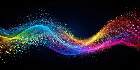 Abstract Colorful Wave of Sparkling Particles on Black Background