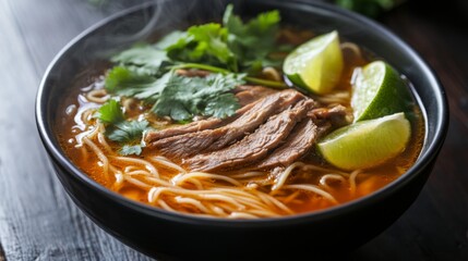 Delicious Bowl of Spicy Noodle Soup with Meat and Fresh Herbs