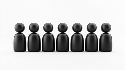 row of six black humanoid figures stands against white background, creating minimalist and modern visual. figures are simple and abstract, evoking sense of unity and balance