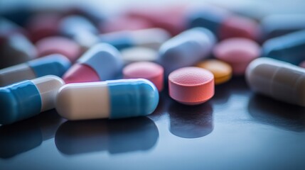 Various capsules and tablets in different shapes and colors are spread across a smooth surface, showcasing an array of pharmaceutical products commonly used for health.