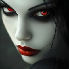 A gorgeous female vampire who has light skin, red lips, and shiny red eyes.