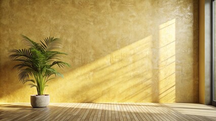 Sunlit Room with Potted Palm Plant and Textured Wall