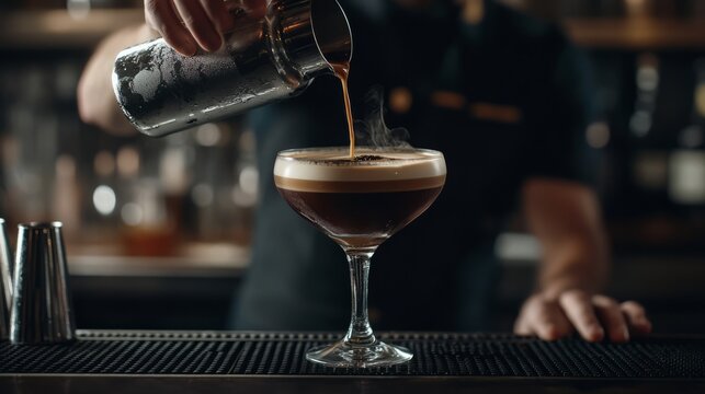 A skilled bartender carefully pours a rich espresso into a stylish cocktail glass, creating a perfect layer of crema atop the dark coffee in a cozy bar setting.