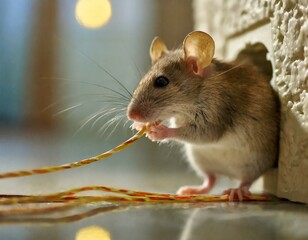 сloseup mouse gnaws wire in an apartment house near wall and electrical outlet . Inside high-rise buildings. Fight with mice in the apartment. Extermination. Small DOF focus put only to wire.