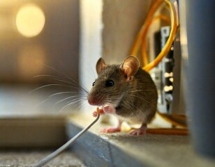 сloseup mouse gnaws wire in an apartment house near wall and electrical outlet . Inside high-rise buildings. Fight with mice in the apartment. Extermination. Small DOF focus put only to wire.