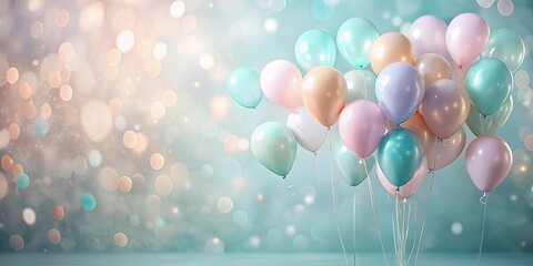 A cluster of pastel-colored balloons floats against a shimmering bokeh background, ideal for celebratory announcements or greeting cards.