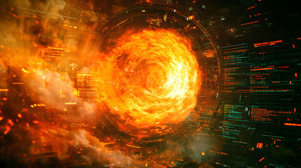 A fiery explosion in a city with a large orange ball in the center