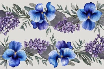 Obraz premium Tranquil Watercolor Seamless Border with Calming Blue Irises Gentle Lilacs and Grey Foliage for Serene Backgrounds and Floral Decor