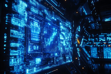 Blue digital binary data on a computer screen, creating a futuristic, high-tech atmosphere with flowing numbers and abstract patterns