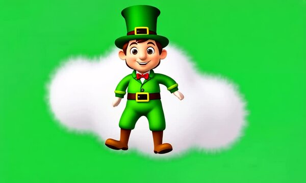 st patricks day leprechaun, 3D cartoon, happy leprechaun standing on cloud, green background