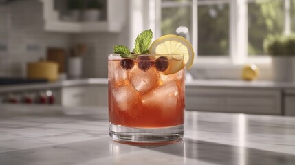 Refreshing Cocktail with Mint and Citrus in Cozy Kitchen Setting