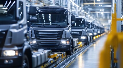 Fototapeta premium Assembly line of trucks in a manufacturing facility.