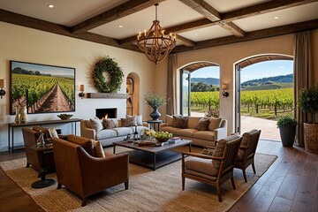 Fototapeta premium Elegant Rustic Vineyard Estate Interior Showcase Featuring Natural Scenery and Chic Decor