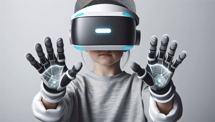 Child wearing futuristic VR headset and gloves, immersed in virtual reality experience