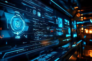 Naklejka premium Blue digital binary data on a computer screen, creating a futuristic, high-tech atmosphere with flowing numbers and abstract patterns