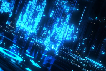 Blue digital binary data on a computer screen, creating a futuristic, high-tech atmosphere with flowing numbers and abstract patterns