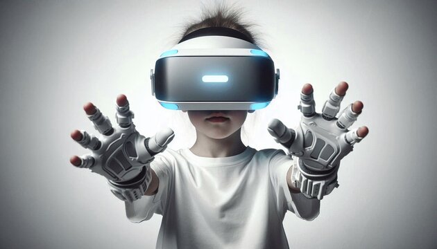 Child wearing futuristic VR headset and gloves, immersed in virtual reality experience