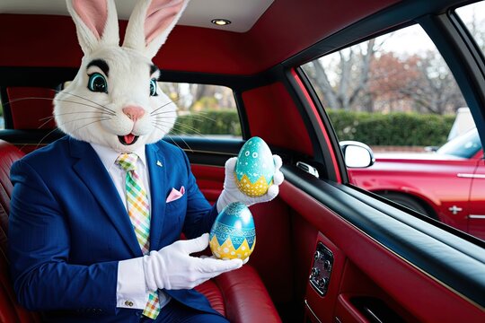 Easter Bunny Dressed in a Tie Delivering Eggs in a Limousine for Easter Celebration
