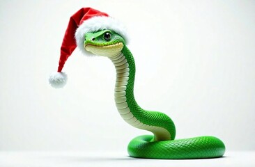 Fototapeta premium The Year of the Green Snake. Happy Lunar New Year 2025 greeting card. A snake in a Santa Claus hat. Poster for December holidays. New Year's Eve Promotion banner. White background