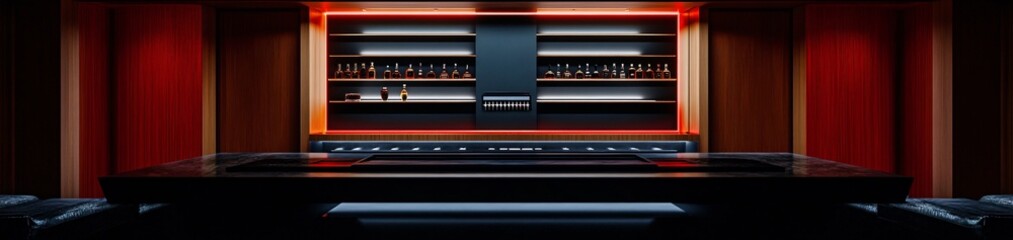 A sleek, modern bar setup with illuminated shelves and a polished table for social gatherings.