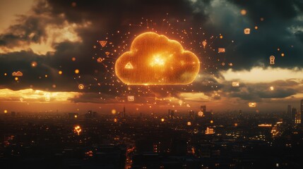 Digital cloud with data icons over a cityscape at sunset.