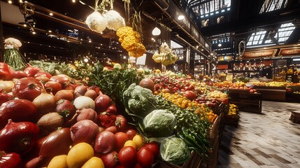 A vibrant market filled with fresh fruits and vegetables, showcasing colorful produce displays.