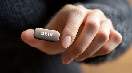 Close-up of a hand holding a small, rectangular object with the word "SEIV" engraved on it.