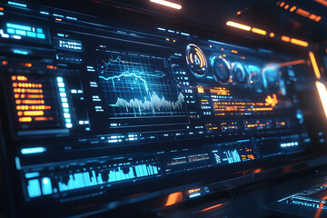 Blue digital binary data on a computer screen, creating a futuristic, high-tech atmosphere with flowing numbers and abstract patterns