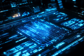 Blue digital binary data on a computer screen, creating a futuristic, high-tech atmosphere with flowing numbers and abstract patterns