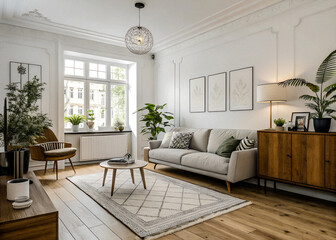 Modern Scandinavian home interior design features an elegant living room with a comfortable sofa, mid-century furniture, cozy carpet, wooden floor, white walls, and home plants.