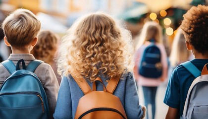 Back View of Curly Haired Girl with Friends Using a Backpack Going to Market. Back to School Consept.