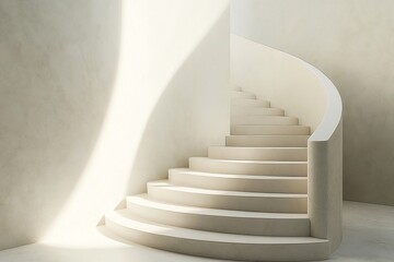 Naklejka premium A serene, curved staircase in a minimalist interior, showcasing light and shadow.