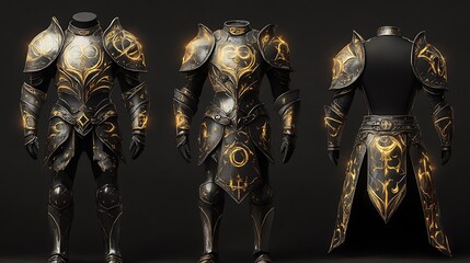 Black and gold knight armor, 3D render showing front, side and back views.