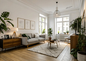 Modern Scandinavian home interior design features an elegant living room with a comfortable sofa, mid-century furniture, cozy carpet, wooden floor, white walls, and home plants.