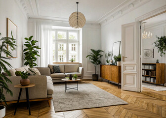 Fototapeta premium Modern Scandinavian home interior design features an elegant living room with a comfortable sofa, mid-century furniture, cozy carpet, wooden floor, white walls, and home plants.
