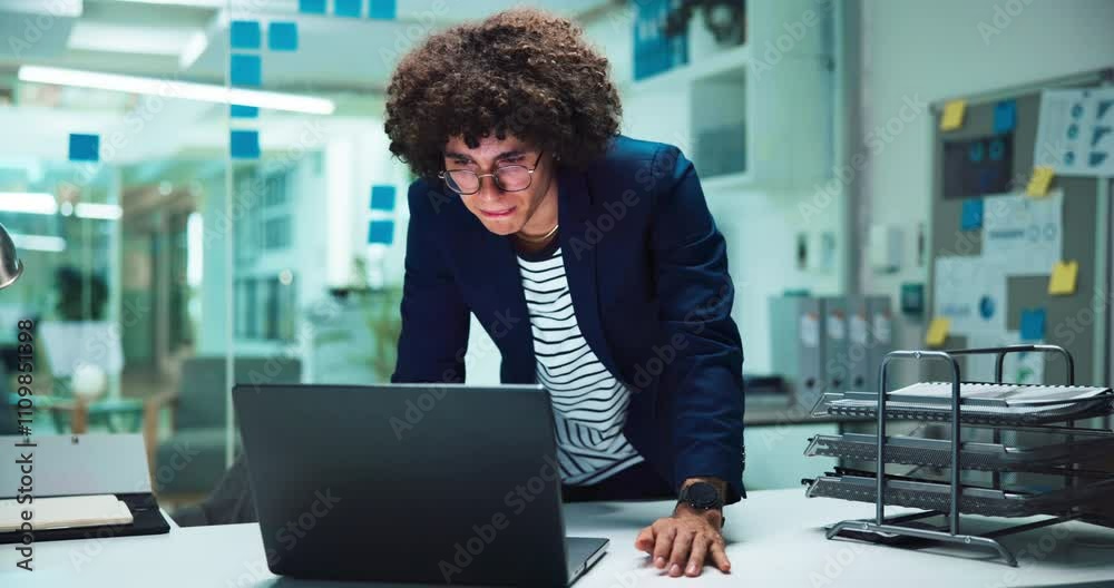 Poster laptop, business man and smile with folder for checking investment portfolio, finance analysis and p