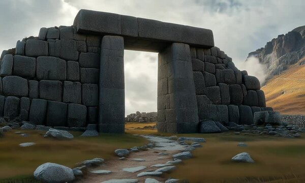 Remains of ancient megalithic complex with huge, massive stones, beautiful landscape with mountains at the background