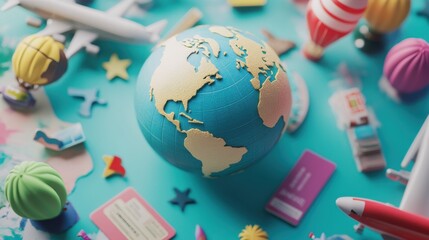 Colorful Earth Globe Surrounded by Travel Items and Airplanes