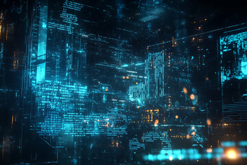 Blue digital binary data on a computer screen, creating a futuristic, high-tech atmosphere with flowing numbers and abstract patterns
