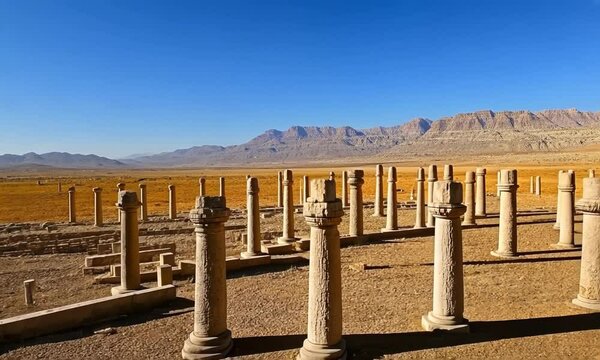 Ruins of ancient Persepolis, remains of temple with columns, panoramic view, 4K