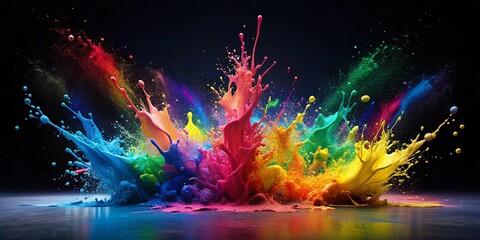 Vibrant Rainbow Paint Explosion on Dark Background, a Spectacular Visual Display of Color and Energy