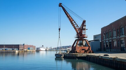 Fototapeta premium Rusty harbor crane near dock, ship in background, sunny day.