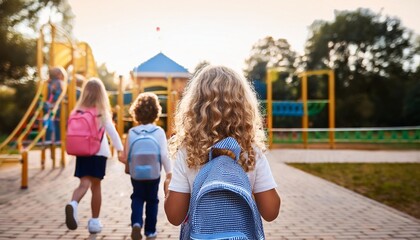 Back View of Curly Haired Young Girl with Friends Using a Backpack Going to Playground. Back to School Consept.