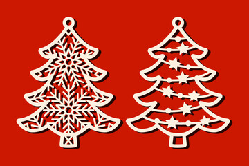 Christmas tree shaped designs for hanging ornaments. Winter holidays laser cut template. Cnc cutting with metal, wood or leather. New Years decorative vector elements