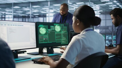 Woman seeing critical error on PC screen in data center, requesting help from cybersecurity team. Employee seeing security incidents affecting server room network system, camera A
