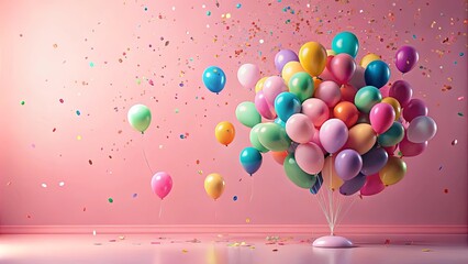A Celebration of Colorful Balloons Floating in a Pink Room with Confetti