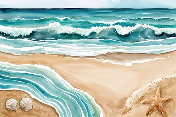 Obraz premium Watercolor Calming Seascape: Soft Aqua Waves and Sandy Beige Shorelines for Beach and Coastal Decoration