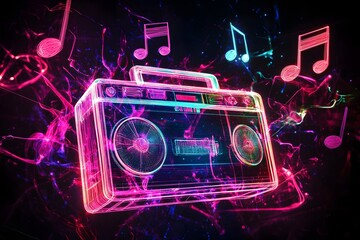 A neon wireframe boombox adorned with music notes standing out against a black background.