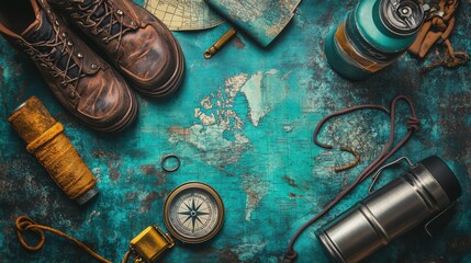 Vintage Travel Gear with Compass and Map on Rustic Background